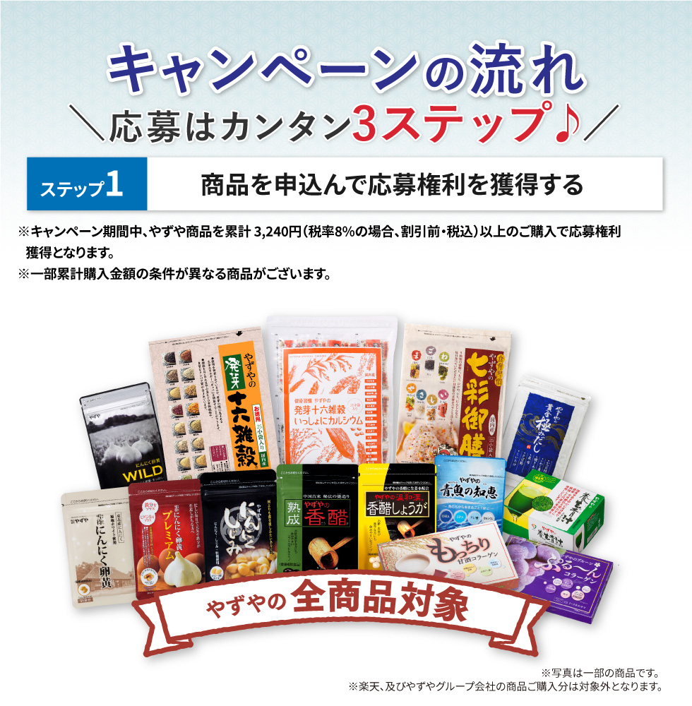 ステップ1 商品を申込んで応募権利を獲得する ※キャンペーン期間中、やずや商品を累計 3,240円（税率8%の場合、割引前・税込）以上のご購入で応募権利獲得となります。※一部累計購入金額の条件が異なる商品がございます。やずやの全商品対象