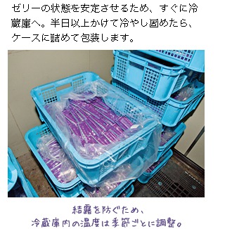 ゼリーの状態を安定させるため、すぐに冷蔵庫へ。半日以上かけて冷やし固めたら、ケースに詰めて放送します。