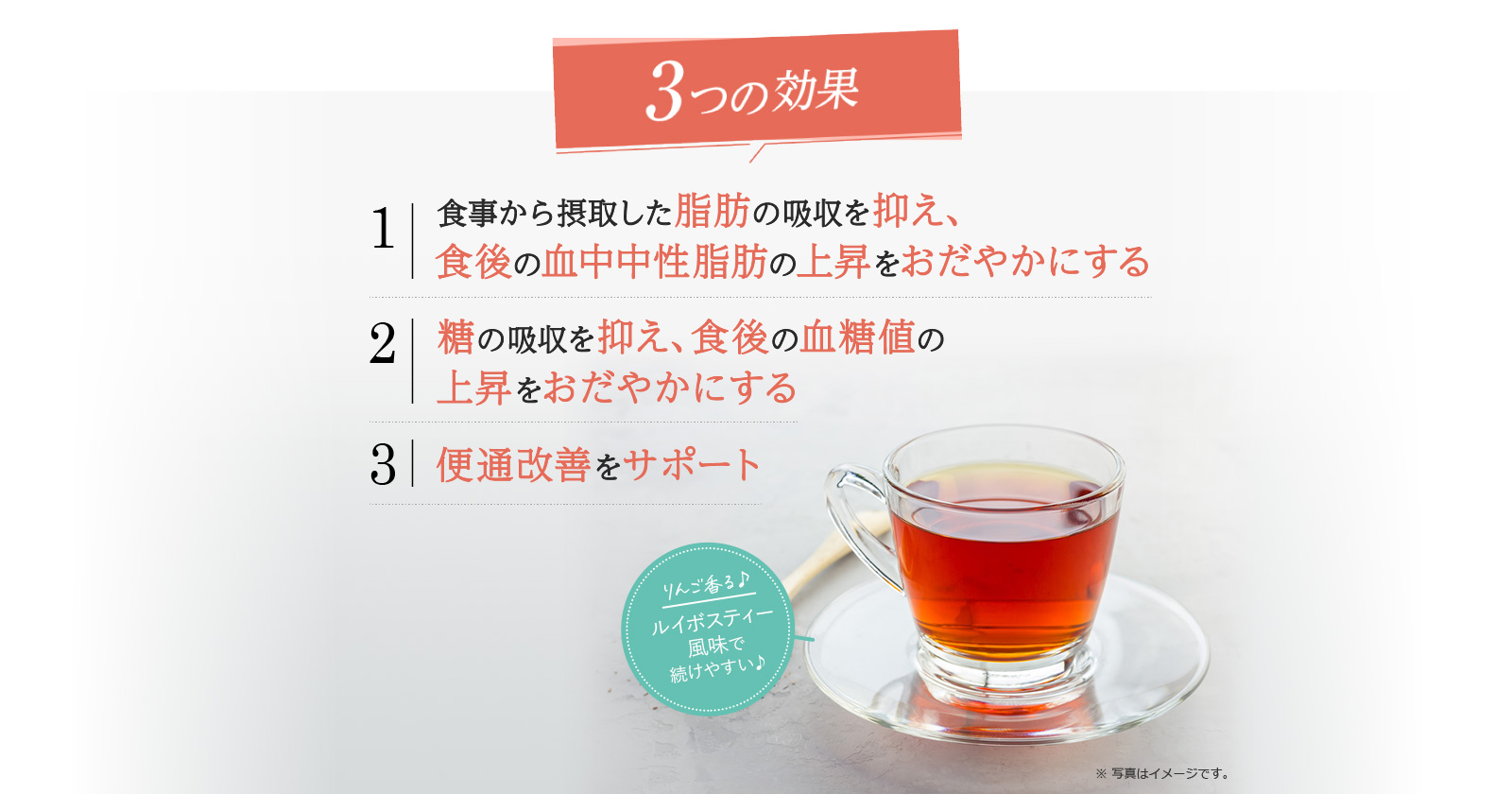 3つの効果 (1)食事から摂取した脂肪の吸収を抑え、食後の血中中性脂肪の上昇をおだやかにする (2)糖の吸収を抑え、食後の血糖値の上昇をおだやかにする (3)便通改善をサポート