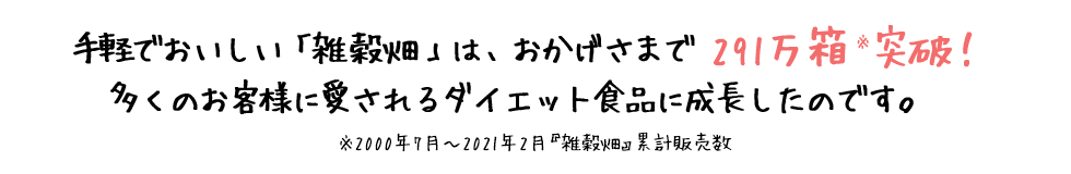 手軽でおいしい「雑穀畑」は、おかげさまで200万食突破！多くのお客様に愛されるダイエット食品に成長したのです。※2009年4月～9月「雑穀畑」累計販売数。1食に1袋（2枚入り）使用した場合