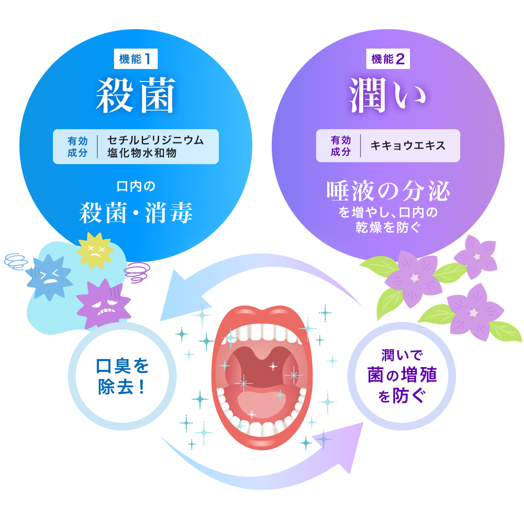 機能1:殺菌 有効成分:セチルピリジニウム塩、化物水和物 口内の殺菌・消毒 口臭を除去! 機能2:潤い 有効成分:キキョウエキス 唾液の分泌を増やし、口内の乾燥を防ぐ 潤いで菌の増殖を防ぐ