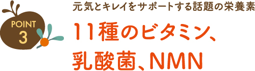 ポイント3 元気とキレイをサポートする話題の栄養素 11種のビタミン、乳酸菌、NMN