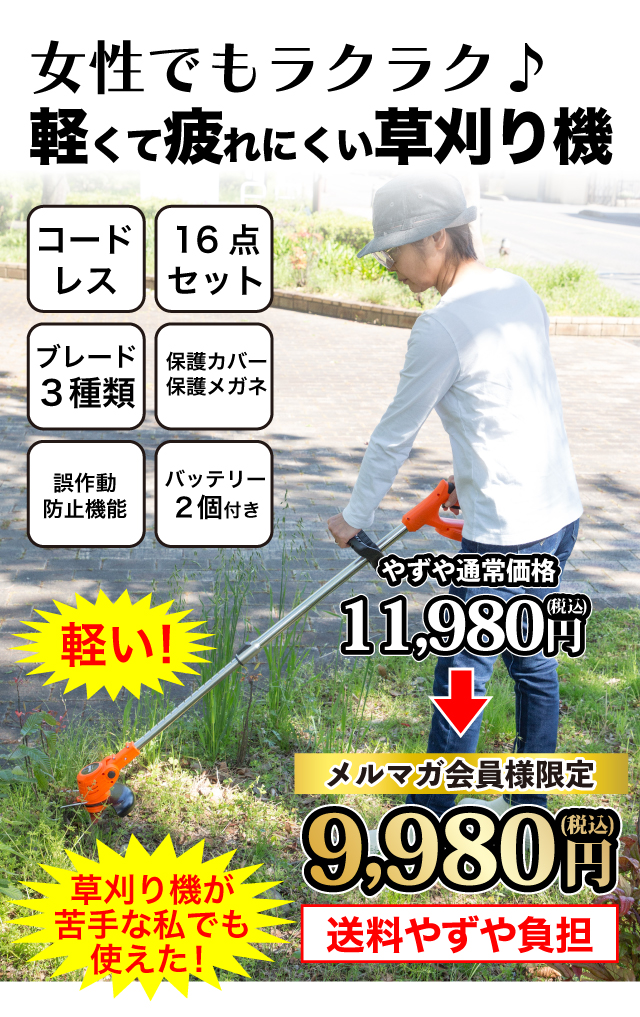 女性でもラクラク！軽くて疲れにくい草刈り機　コードレス16点セット　保護メガネ付き