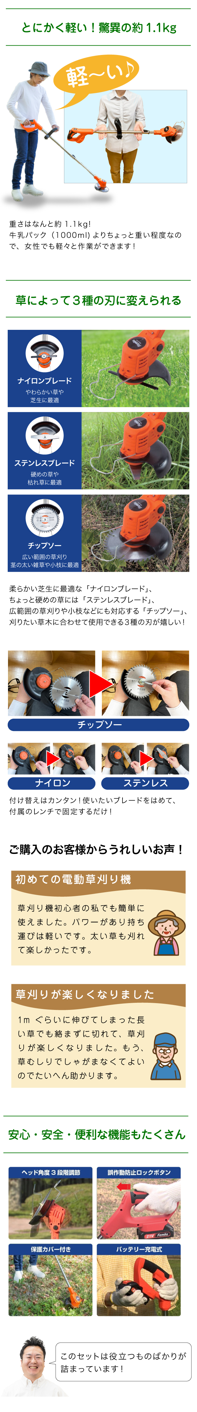草によって３種のブレードを替えられる