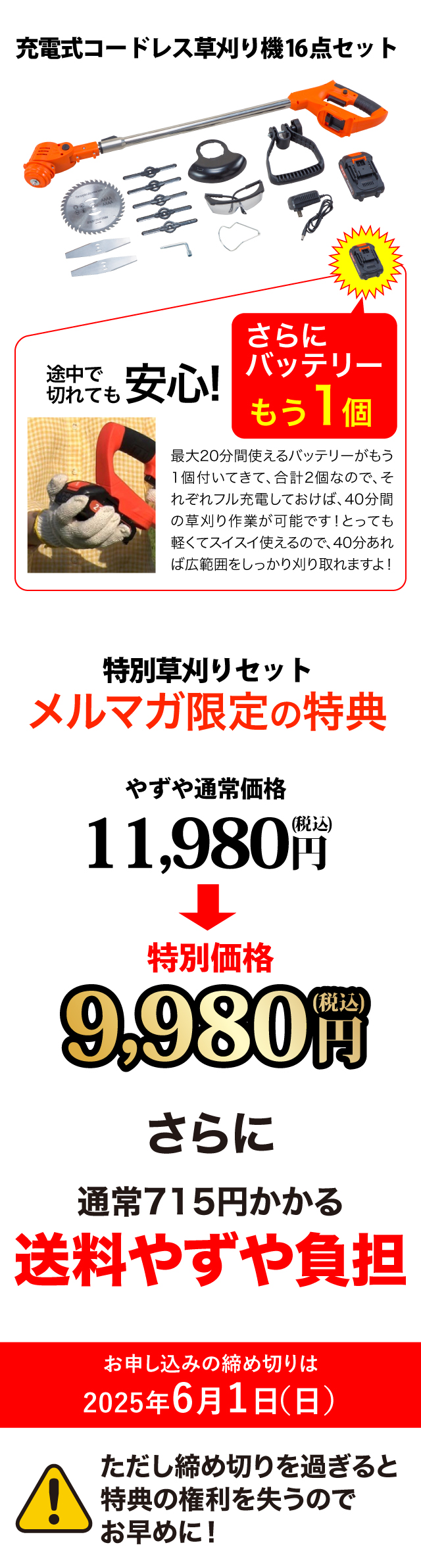 3種のブレードは簡単に装着可能！「初心者でも使いやすく、太い草も刈れて楽しかった」「1mぐらいに伸びた草も絡まずに切れた」というお声も。ヘッド角度３段階調節、誤作動防止ロックボタン、保護カバー付き、バッテリー充電式と至れり尽せりなのですが、「やずや特別セット」としてさらにバッテリーをもう1個付けちゃいます！1個のバッテリー満充電で最大20分使えるので、2個なら40分可能に！40分あれば広範囲をしっかり刈り取れますよ！メルマガ特典としてこの特別セットがさらに！送料無料！！9,980円です！ただし締め切りを過ぎると特典を失うのでご注意を・・