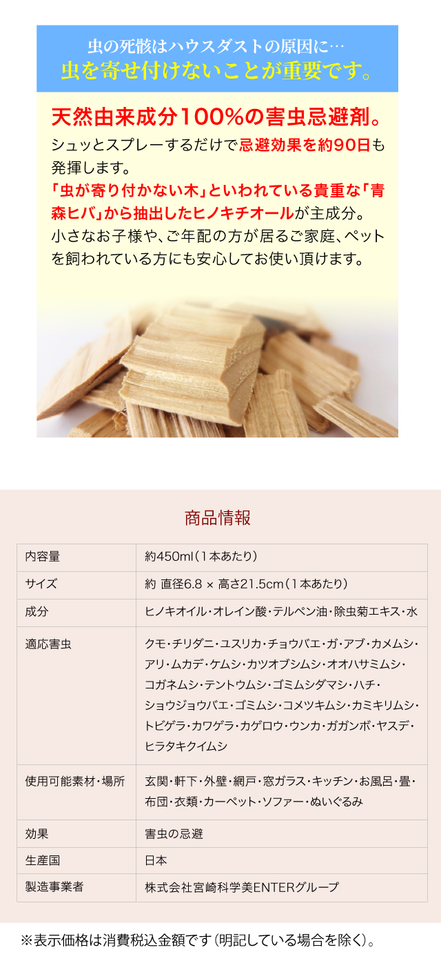 虫の死骸はハウスダストの原因に・・。虫を寄せ付けないことが重量です。天然由来せいぶん100％の害虫忌避剤。忌避効果を約90日も発揮します。虫が寄り付かない木といわれている貴重な「青森ヒバ」から抽出したヒノキチオールが主成分。小さなお子様やご年配の方がいるご家庭、ペットを飼われている方にも安心してお使いいただけます。