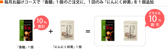 毎月お届けコースで「香醋」1個のご注文に、1回のみ「にんにく卵黄」を1個追加