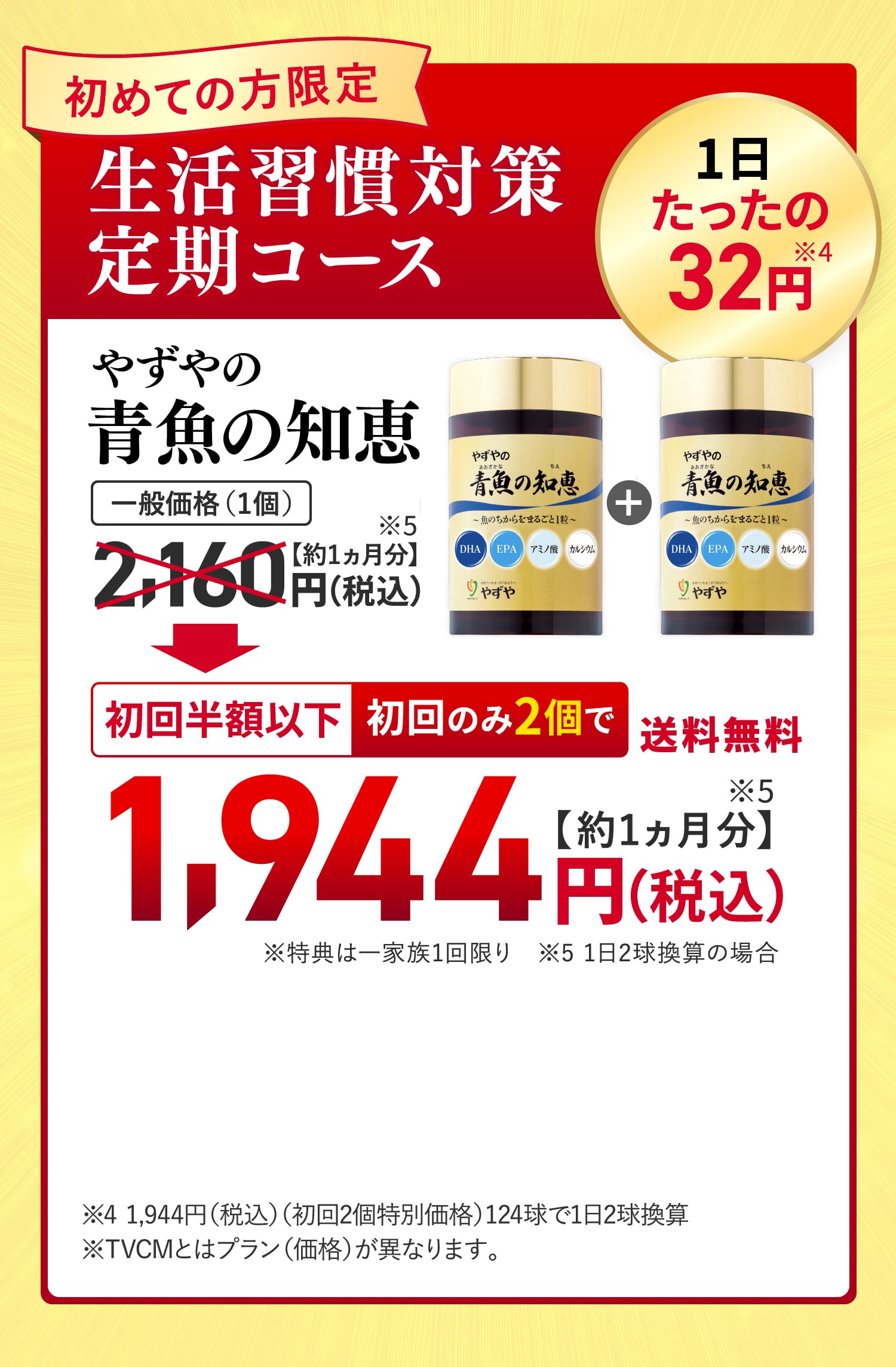 生活習慣対策
			定期コース やずやの青魚の知恵 初回半額以下 初回のみ2個で 送料無料1,944円（税込） 約1ヵ月分