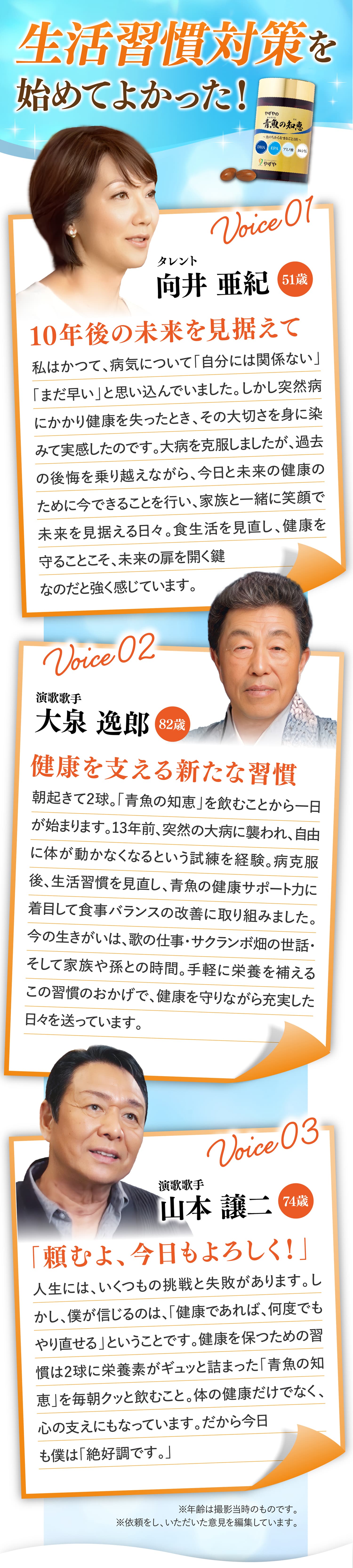 生活習慣対策を始めてよかった！
			Voice 01 タレント 向井 亜紀 51歳 10年後の未来を見据えて
			私はかつて、病気について「自分には関係ない」「まだ早い」と思い込んでいました。しかし突然病にかかり健康を失ったとき、その大切さを身に染みて実感したのです。病気は完治しましたが、過去の後悔を乗り越えながら、今日と未来の健康のために今できることを行い、家族と一緒に笑顔で未来を見据える日々。食生活を見直し、健康を守ることこそ、未来の扉を開く鍵なのだと強く感じています。
			Voice 02 演歌歌手 大泉 逸郎 82歳 健康を支える新たな習慣
			朝起きて2球。「青魚の知恵」を飲むことから一日が始まります。13年前、突然の大病に襲われ、自由に体が動かなくなるという試練を経験。病克服後、生活習慣を見直し、青魚の健康サポート力に着目して食事バランスの改善に取り組みました。今の生きがいは、歌の仕事・サクランボ畑の世話・そして家族や孫との時間。手軽に栄養を補えるこの習慣のおかげで、健康を守りながら充実した日々を送っています。
			Voice 03 演歌歌手 山本 譲二 74歳 「頼むよ、今日もよろしく！」
			人生には、いくつもの挑戦と失敗があります。しかし、僕が信じるのは、「健康であれば、何度でもやり直せる」ということです。健康を保つための習慣は2球に栄養素がギュッと詰まった「青魚の知恵」を毎朝クッと飲むこと。体の健康だけでなく、心の支えにもなっています。だから今日も僕は「絶好調です。」