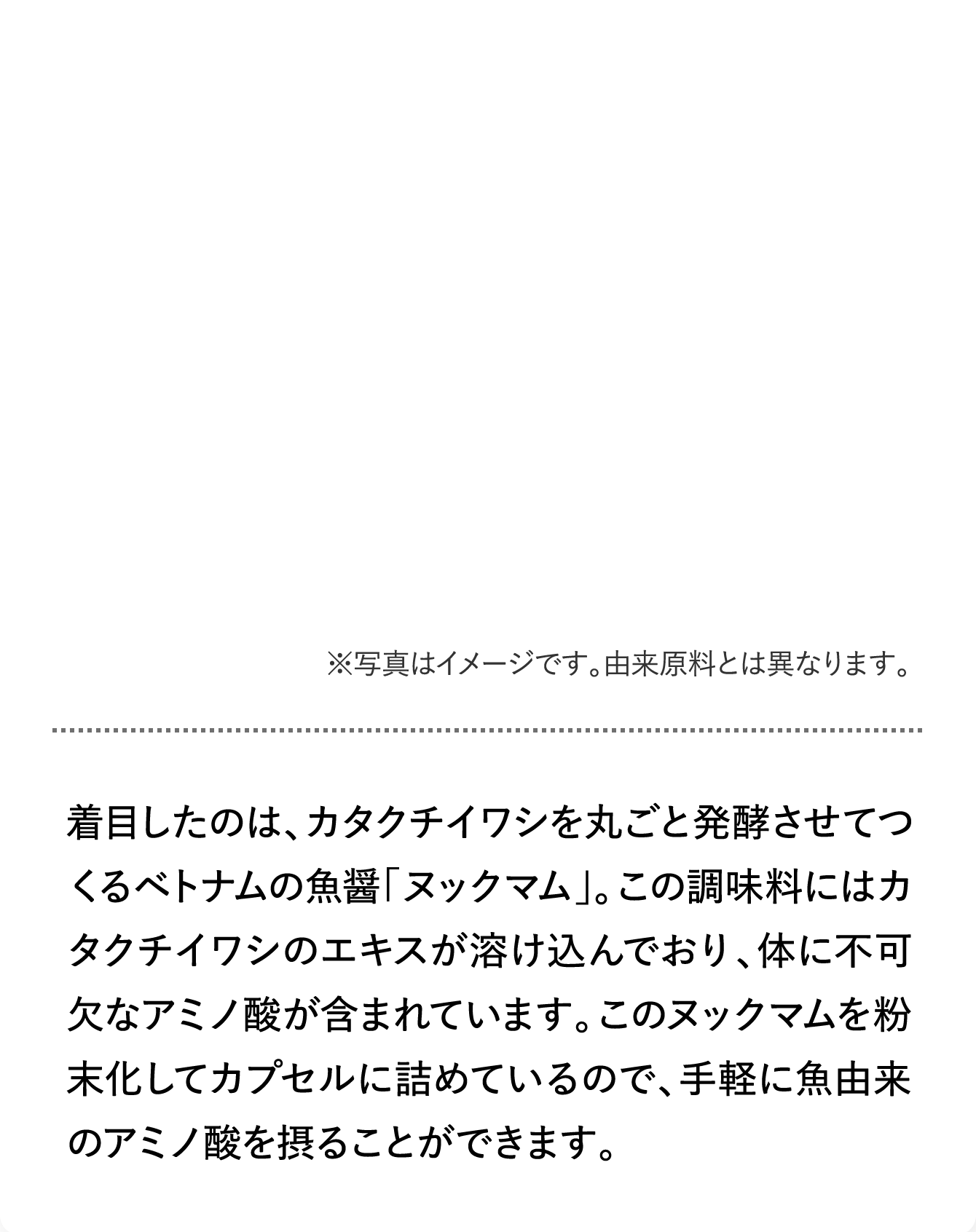 着目したのは、カタクチイワシを丸ごと発酵させてつくるベトナムの魚醤「ヌックマム」。この調味料にはカタクチイワシのエキスが溶け込んでおり、体に不可欠なアミノ酸が含まれています。このヌックマムを粉末化してカプセルに詰めているので、手軽に魚由来のアミノ酸を摂ることができます。