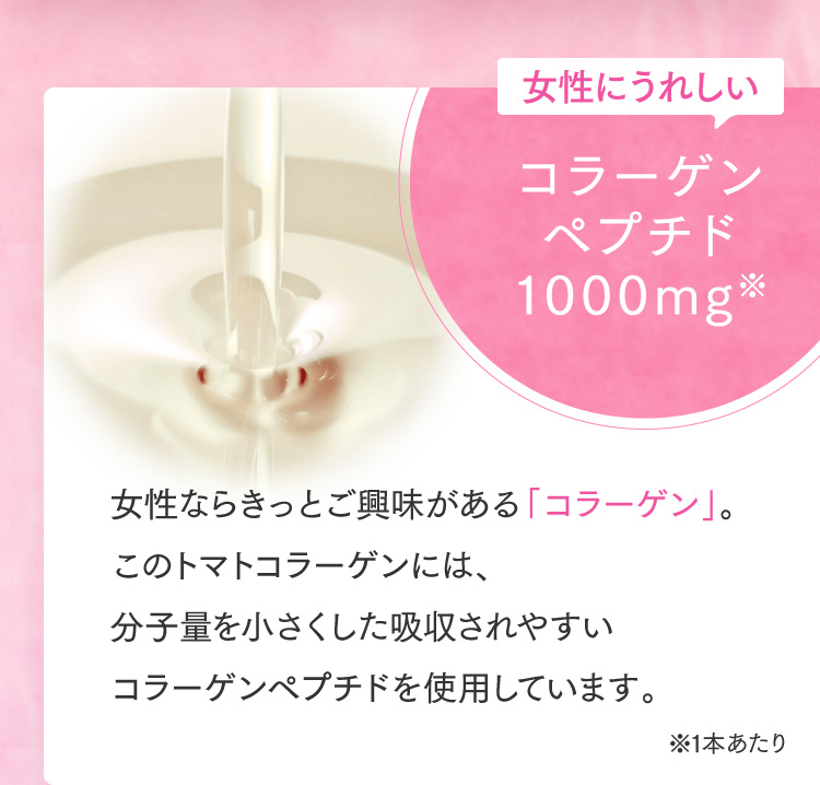 女性にうれしいコラーゲンペプチド1000mg※ ※1本あたり 女性ならきっとご興味がある「コラーゲン」。このトマトコラーゲンには、分子量を小さくした吸収されやすいコラーゲンペプチドを使用しています。