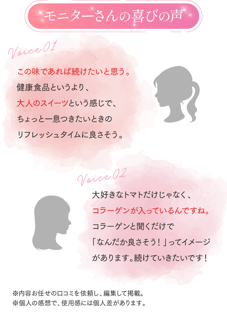 モニターさんの喜びの声 Voice01 この味であれば続けたいと思う。健康食品というより、大人のスイーツという感じで、ちょっと一息つきたいときのリフレッシュタイムに良さそう。 Voice02 大好きなトマトだけじゃなく、コラーゲンが入っているんですね。コラーゲンと聞くだけで「なんだか良さそう！」ってイメージがあります。続けていきたいです！ ※内容お任せの口コミを依頼し、編集して掲載。 ※個人の感想で、使用感には個人差があります。