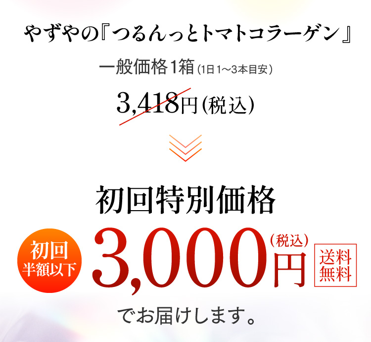 やずやの『つるんっとトマトコラーゲン』一般価格1箱(1日1〜3本目安)3,418円(税込)→初回特別価格 初回半額以下 3,000円(税込)送料無料でお届けします。