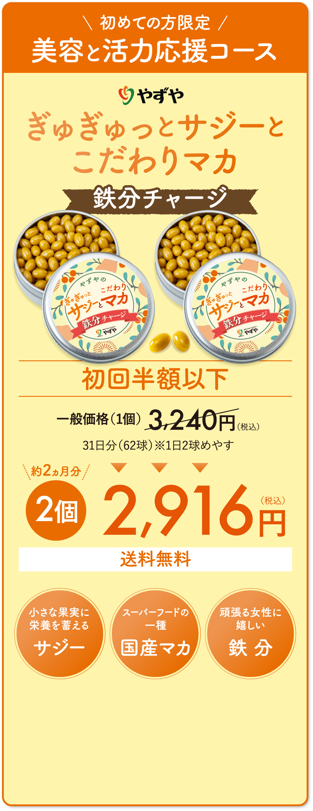 初めての方限定 美容と活力応援コース ぎゅぎゅっとサジーとこだわりマカ鉄分チャージ　初回半額以下　約2ヵ月分　2個　2,400円