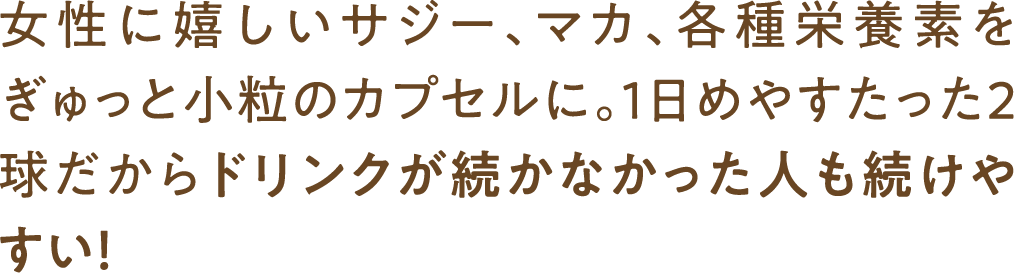 女性に嬉しいサジー、マカ、各種栄養素をぎゅっと小粒のカプセルに。1日めやすたった2球だからドリンクが続かなかった人も続けやすい！