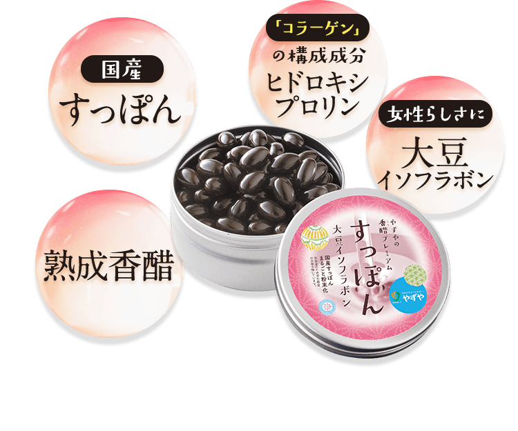 【国産】すっぽん、【コラーゲン】の構成成分ヒドロキシプロリン、【女性らしさに】大豆イソフラボン、熟成香醋