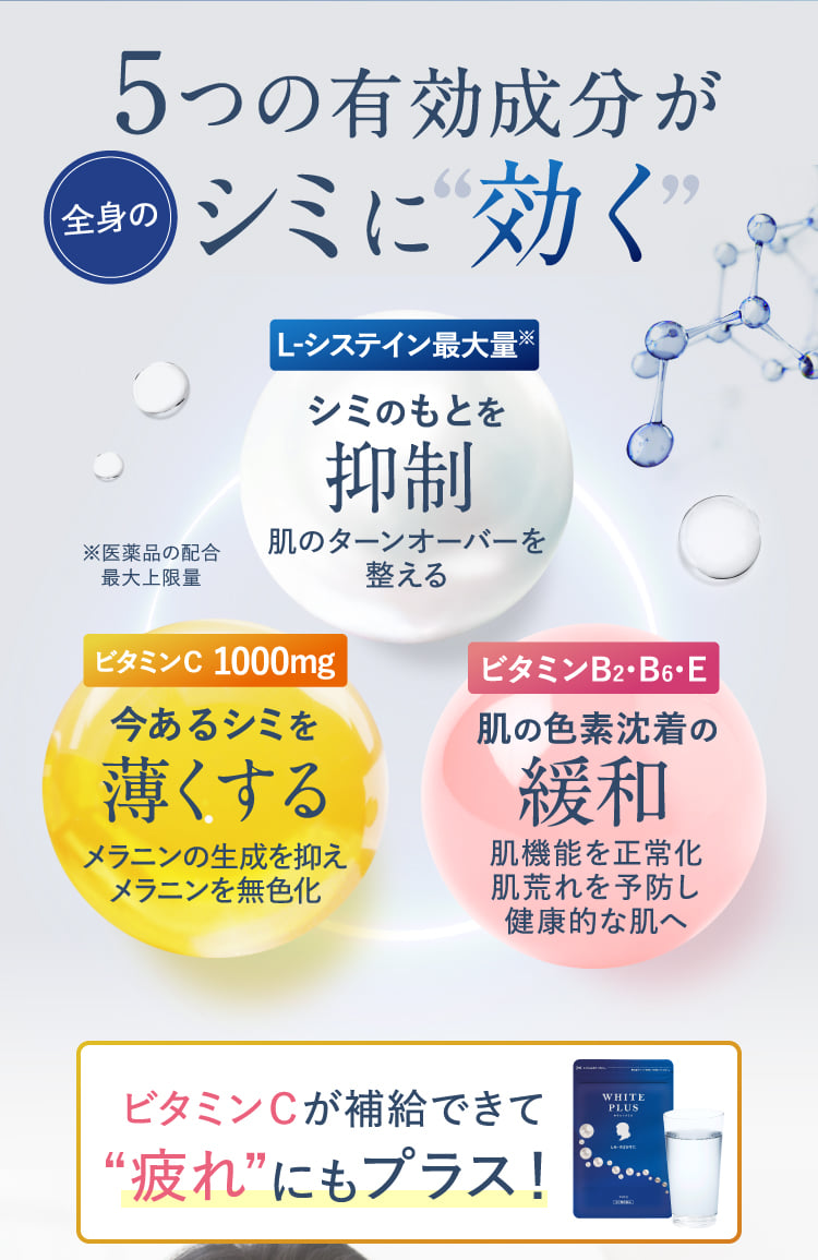 5つの有効成分が全身のシミに”効く”