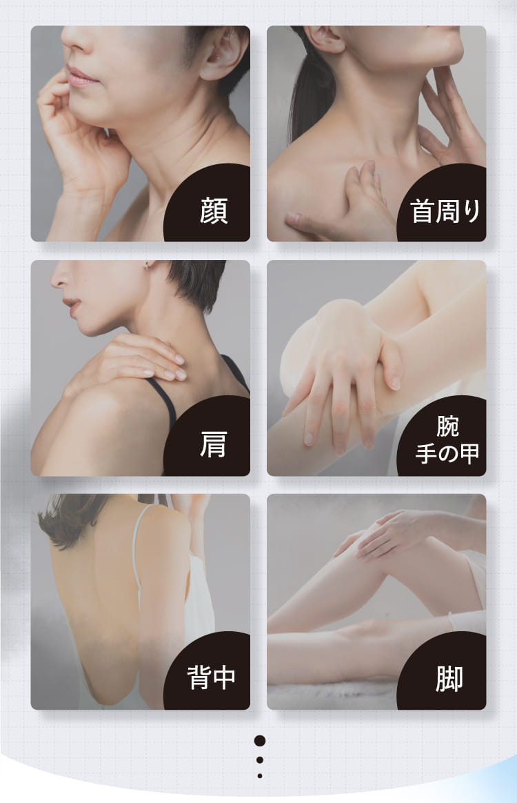 顔 首周り 肩 腕 手の甲 背中 脚