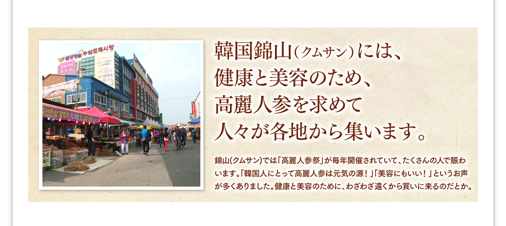 韓国錦山（クムサン）には、健康と美容のため、高麗人参を求めて人々が各地から集います。錦山(クムサン)では「高麗人参祭」が毎年開催されていて、たくさんの人で賑わいます。「韓国人にとって高麗人参は元気の源！」「美容にもいい！」というお声が多くありました。健康と美容のために、わざわざ遠くから買いに来るのだとか。