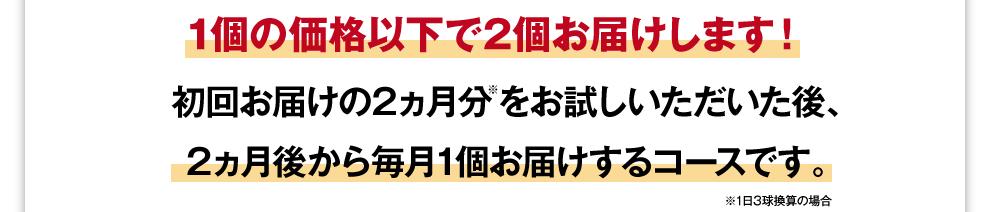 初回半額以下 1個の価格以下で2個お届けします！初回お届けの2ヵ月分をお試しいただいた後、2ヵ月後から毎月1個お届けするコースです。