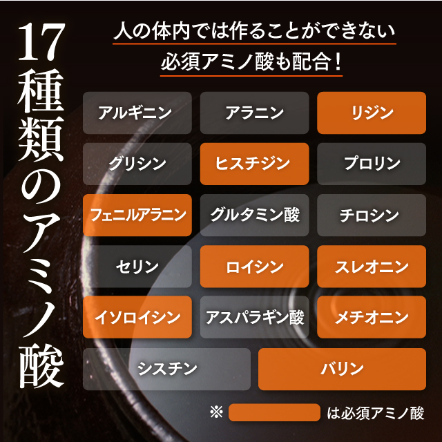 17種類のアミノ酸 人の体内では作ることができない必須アミノ酸も配合！ アルギニン アラニン リジン グリシン ヒスチジン プロリン フェニルアラニン グルタミン酸 チロシン セリン ロイシン スレオニン イソロイシン アスパラギン酸 メチオニン シスチン バリン
