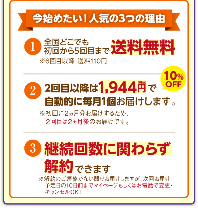 今始めたい！人気の3つの理由 [全国どこでも送料無料][2回目以降も1,944円（税込）10%OFF　で自動的に毎月1個お届けします。※初回に2ヵ月分お届けするため、2回目は2ヵ月後のお届けです。][いつでも解約できます※お届け予定日の10日前まで変更・キャンセルOK！]