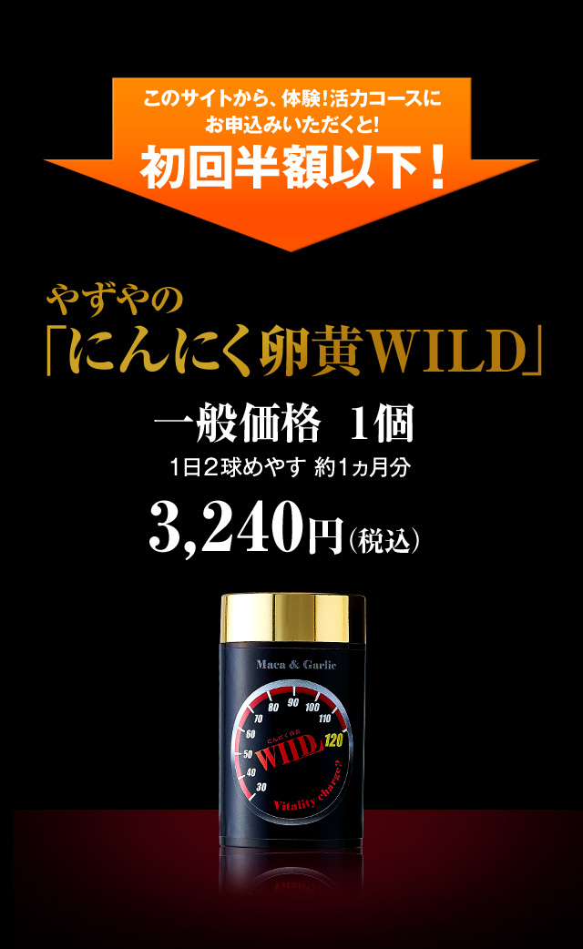 このサイトから、体験！活力コースにお申込みいただくと! 初回半額以下！ やずやの「にんにく卵黄WILD」一般価格 1個1日2球めやす 1ヵ月分3,240円（税込）