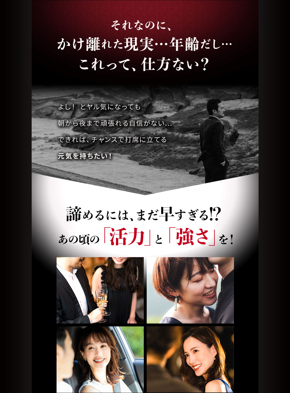それなのに、かけ離れた現実…年齢だし…これって、仕方ない？よし！ とヤル気になっても朝から夜まで頑張れる自信がない…できれば、チャンスで打席に立てた元気を持ちたい！諦めるには、まだ早すぎる！？これからの「活力」と「強さ」を！