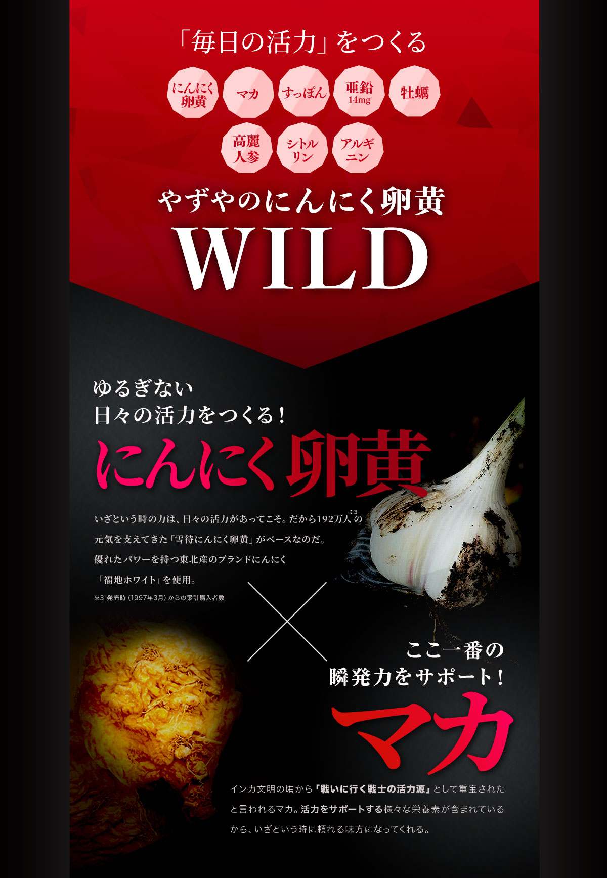 「毎日の活力」をつくる にんにく卵黄 マカ すっぽん 牡蠣 亜鉛14mg シトルリン アルギニン 高麗人参 やずやのにんにく卵黄 WILD ゆるぎない日々の活力をつくる！にんにく卵黄 ×ここ一番の瞬発力をサポート！マカ にんにく卵黄 いざという時の力は、日々の活力があってこそ。だから192万人※3の元気を支えてきた「雪待にんにく卵黄」がベースなのだ。優れたパワーを持つ東北産のブランドにんにく「福地ホワイト」を使用。インカ文明の頃から「戦いに行く戦士の活力源」として重宝されたマカ。活力をサポートする様々な栄養素が含まれているから、いざという時に頼れる味方になってくれる。※3　発売時（1997年3月）からの累計購入者数