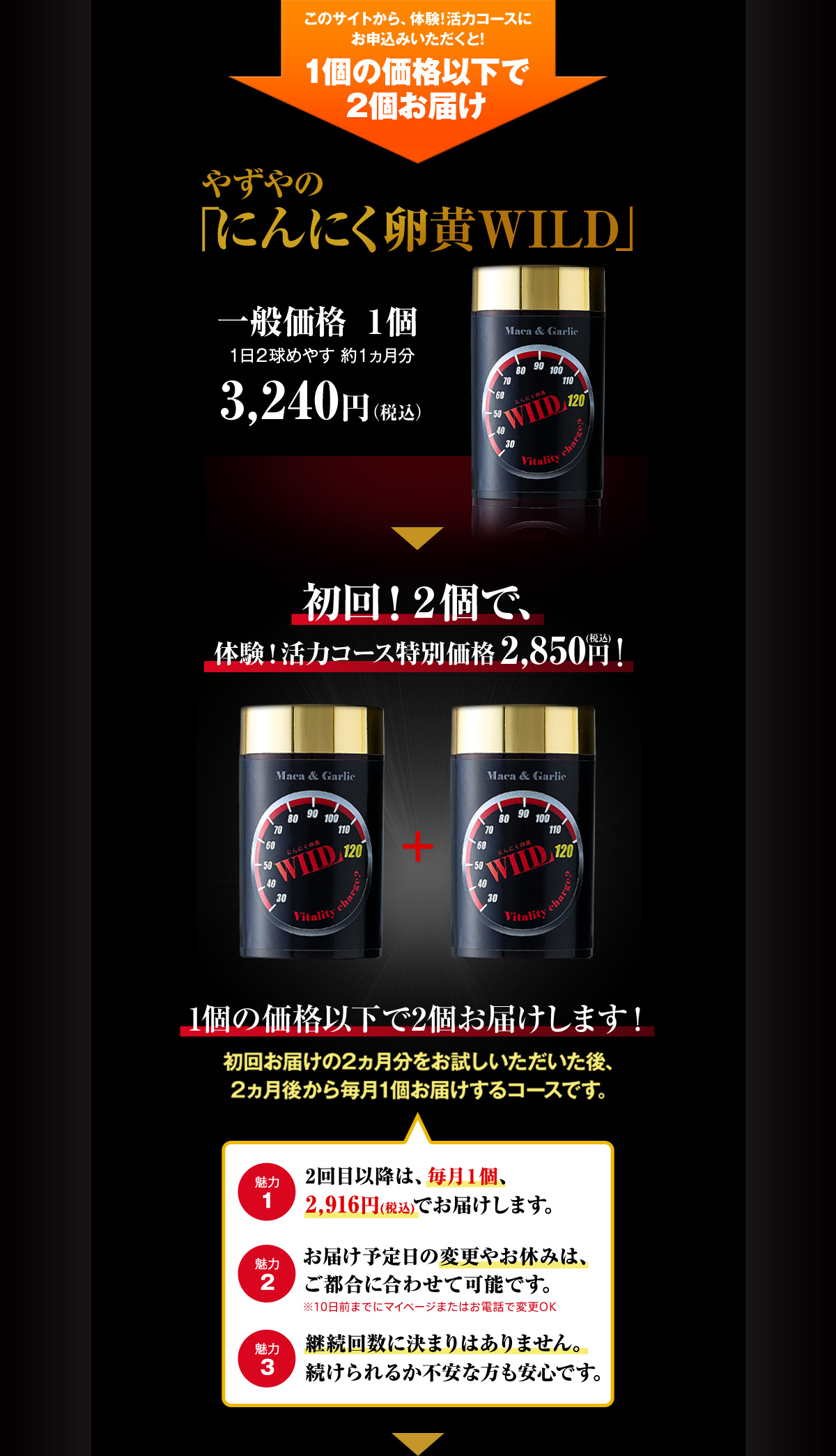 このサイトから、体験！活力コースにお申込みいただくと! 1個の価格以下で2個お届け! やずやの「にんにく卵黄WILD」一般価格 1個1日2球めやす 1ヵ月分3,240円（税込） もう1個プレゼント！初回！2個で、体験！活力コース特別価格2,850円（税込）初回お届けの2カ月分をお試しいただいた後、2カ月後から毎月1個お届けするコースです。 魅力1 2回目以降は、毎月1個、2,916円（税込）でお届けします。※1個 魅力2 お届け予定日の変更やお休みは、いつでもできます。魅力3 継続回数に決まりはありません。続けられるか不安な方も安心です。