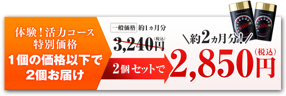 体験！活力コース特別価格 1個の価格以下で2個お届け 一般価格約1ヵ月分3,240円（税込） 2個セットで約2ヵ月分！2,850円（税込）