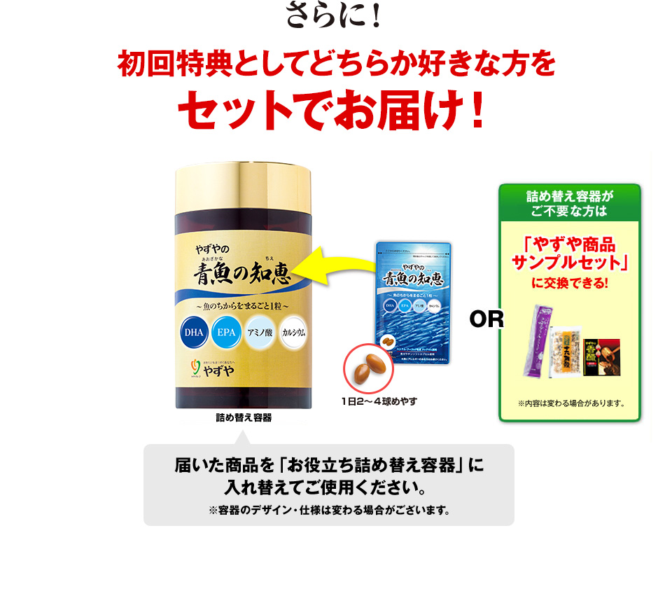 さらに!初回特典としてどちらか好きな方をセットでお届け！届いた商品を「お役立ち詰め替え容器」に入れ替えてご使用ください。※容器のデザイン・仕様は変わる場合がございます。詰め替え容器がご不要な方は「やずや商品サンプルセット」に交換できる！ ※ 内容は変わる場合があります。