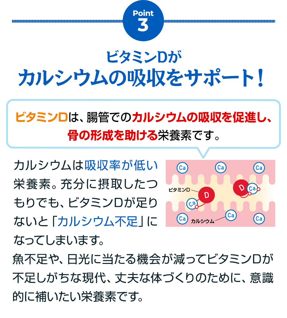 Point3 ビタミンDがカルシウムの吸収をサポート！ ビタミンDは、腸管のカルシウムの吸収を促進し、骨の形成を助ける栄養素です。カルシウムは吸収率が低い栄養素。充分に摂取したつもりでも、ビタミンDが足りないと「カルシウム不足」になってしまいます。魚不足や、日光に当たる機会が減ってビタミンDが不足しがちな現代、丈夫な体づくりのために、意識的に補いたい栄養素です。