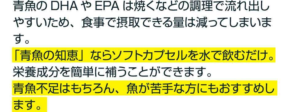 青魚のDHAやEPAは焼くなどの調理で流れ出しやすいため、食事で摂取できる量は減ってしまいます。「青魚の知恵」ならソフトカプセルを水で飲むだけ。栄養成分を簡単に補うことができます。水で飲むだけだから、青魚不足はもちろん、魚が苦手な方にもおすすめします。