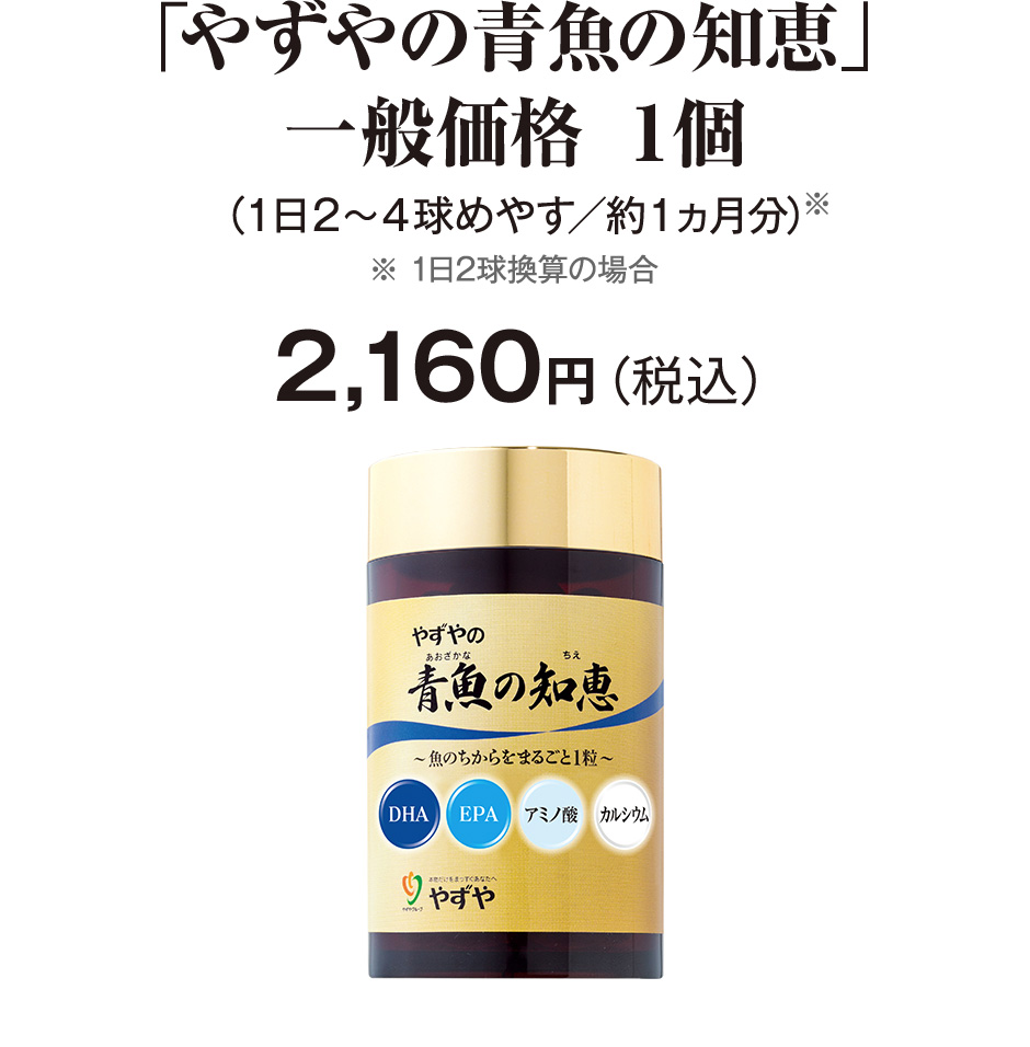 「やずやの青魚の知恵」一般価格 1個（1日2球めやす／約1ヵ月分）2,160円（税込）