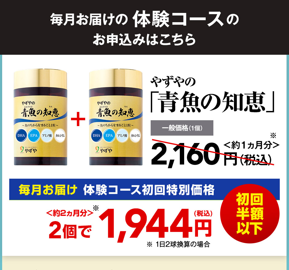 毎月お届けの体験コースのお申込みはこちら やずやの「青魚の知恵」一般価格(1個)2,160円<約1ヵ月分> 毎月お届け体験コース初回特別価格 <約2ヵ月分>2個で1,944円（税込）初回半額以下 ※1日2球換算の場合