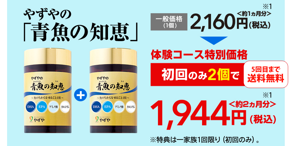 「やずやの青魚の知恵」一般価格2,160円（税込）〈約1ヵ月分※2〉 体験コース特別価格 初回のみ2個で1,944円（税込）〈約2ヵ月分※2〉 送料無料 ※一家族1セット限りの限定価格です。※1