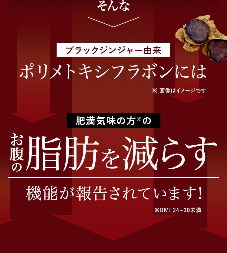 そんなブラックジンジャー由来 ポリメトキシフラボンには、お腹の脂肪を減らす 機能が報告されています!  