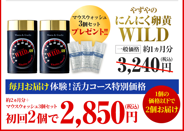 やずやのにんにく卵黄WILD 一般価格 約1ヶ月分3,240円（税込） 毎月お届け 体験！活力コース特別価格マウスウォッシュ3個セットプレゼント ＜約2ヵ月分＋マウスウォッシュ3個セット＞初回2個で2,850円(税込) 1個の価格以下で2個お届け