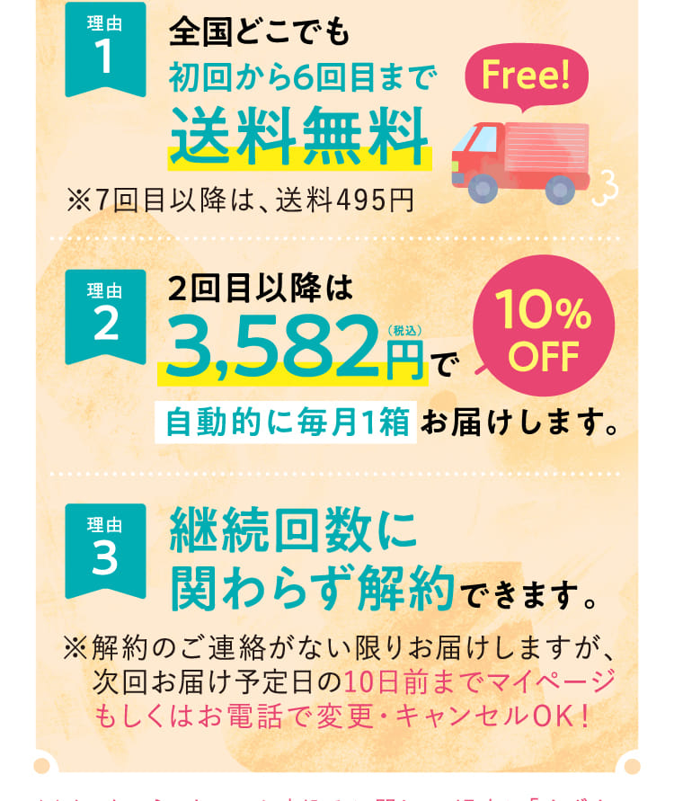 理由1 全国どこでも送料無料 理由2 2回目以降は自動的に毎月1箱お届けします。 理由3 継続回数に関わらず解約できます。