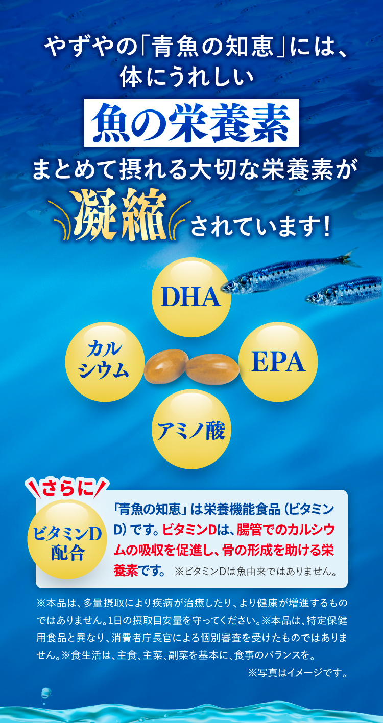 やずやの「青魚の知恵」には、
			体にうれしい魚の栄養素まとめて摂れる大切な栄養素が凝縮されています！
			さらにビタミンD配合 「青魚の知恵」は栄養機能食品（ビタミンD）です。ビタミンDは、腸管でのカルシウムの吸収を促進し、骨の形成を助ける栄養素です。
			※本品は、多量摂取により疾病が治癒したり、より健康が増進するものではありません。1日の摂取目安量を守ってください。※本品は、特定保健用食品と異なり、消費者庁長官による個別審査を受けたものではありません。※食生活は、主食、主菜、副菜を基本に、食事のバランスを。