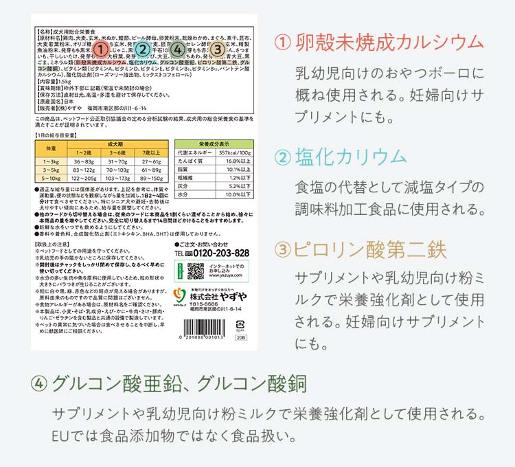 1卵殻未焼成カルシウム・2塩化カリウム・3ピロリン酸第二鉄・4グルコン酸亜鉛、グルコン酸銅