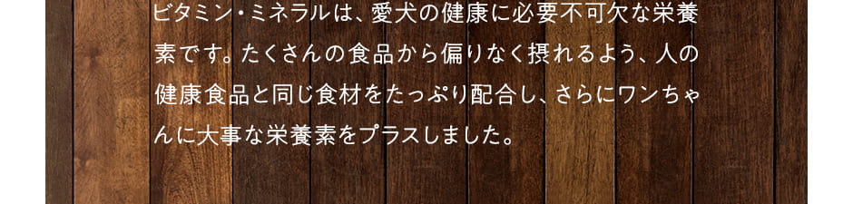 ビタミン・ミネラルは、愛犬の健康に必要不可欠な栄養素です。たくさんの食品から偏りなく摂れるよう、人の健康食品と同じ食材をたっぷり配合し、さらにワンちゃんに大事な栄養素をプラスしました。