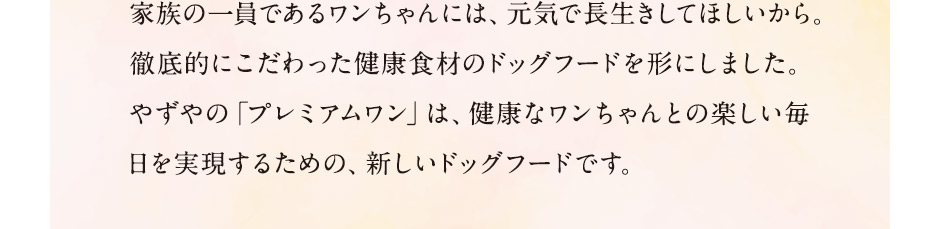 家族の一員であるワンちゃんには、元気で長生きしてほしいから。徹底的にこだわった健康食材のドッグフードを形にしました。やずやの「プレミアムワン」は、健康なワンちゃんとの楽しい毎日を実現するための、新しいドッグフードです。