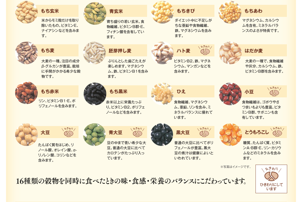 16種類の穀物を同時に食べたときの味・食感・栄養バランスにこだわっています。
