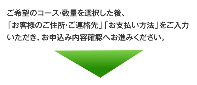 ご希望のコース・数量を選択した後、「お客様のご住所・ご連絡先」「お支払い方法」をご入力いただき、お申込み内容確認へお進みください。