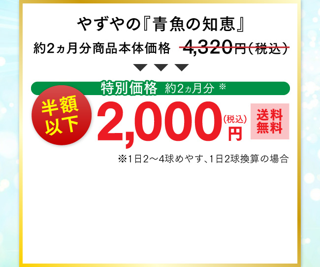 やずやの『青魚の知恵』約2ヵ月分商品本体価格4,320円（税込）を特別価格約2ヵ月分※（※1日2〜4球めやす、1日2球換算の場合）半額以下2,000円（税込）送料無料