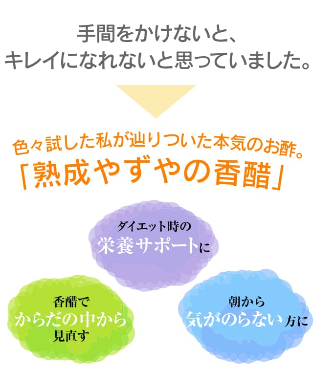 手間をかけないと、キレイになれないと思っていました。色々試した私が辿りついた本気のお酢。『熟成やずやの香醋』
