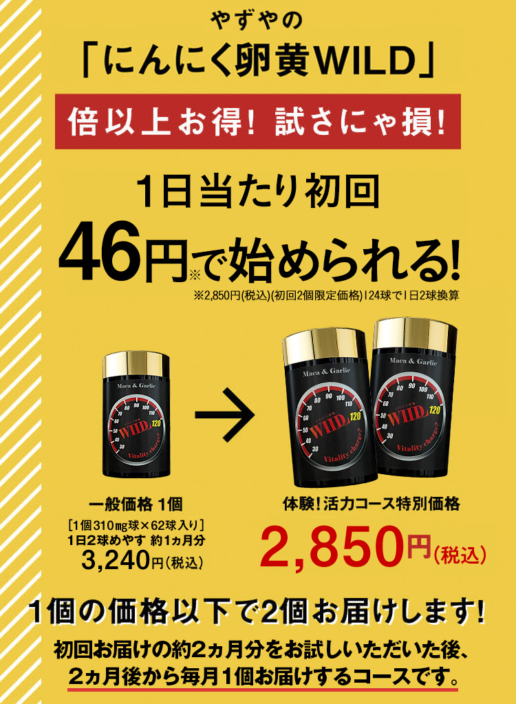 このサイトから、体験!活力コースにお申込みいただくと!初回半額以下!やずやの「にんにく卵黄WILD」倍以上お得! 試さにゃ損!初回2個なのに、1個より安い!
