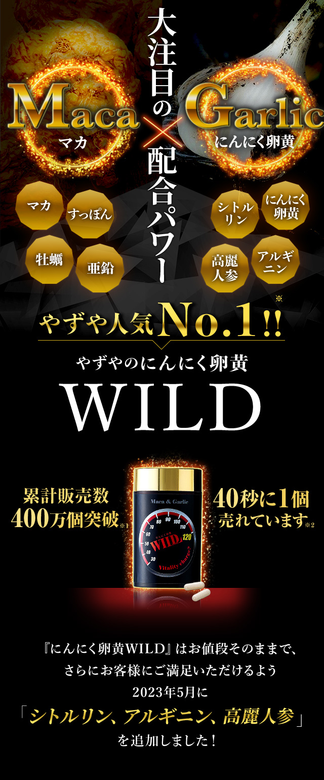 大注目の配合パワー Maca（マカ）× Garlic（にんにく卵黄）やずや人気No.1!! やずやのにんにく卵黄 WILD にんにく卵黄 マカ すっぽん 牡蠣 亜鉛 シトルリン アルギニン 高麗人参 累計販売数400万個突破※1 40秒に1個売れています※2 『にんにく卵黄WILD』はお値段そのままで、さらにお客様にご満足いただけるよう2023年5月に「シトルリン、アルギニン、高麗人参」を追加しました!